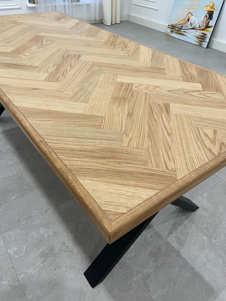 Table 05-2000 Fixed  Top Table- X- Leg- Herringbone French-Natural