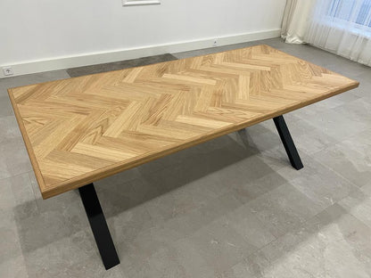 Table 05-2000 Fixed  Top Table- X- Leg- Herringbone French-Natural